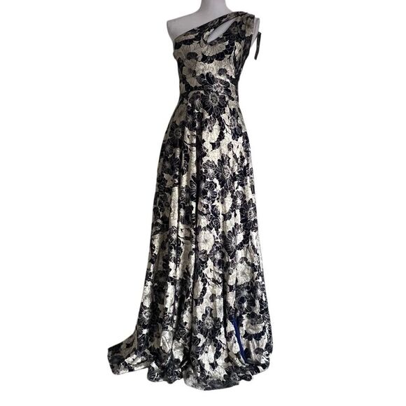 Betsy & Adam GWEN" LONG ONE SHOULDER WRAP FOIL FLOWER DRESS Sz 12 NEW MSRP $289 - Picture 4 of 12